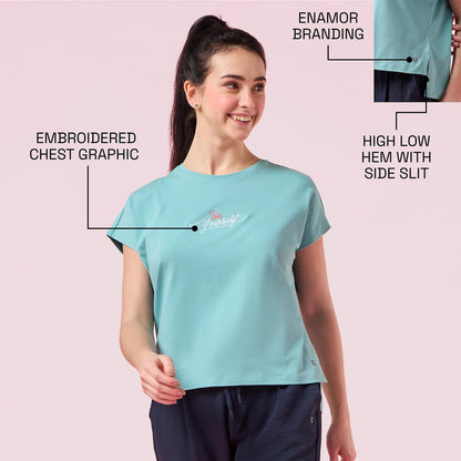 Enamor Womens Solid Relaxed Fit T-Shirt (E3G7_Marine Blue Be Yourself