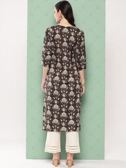 Varanga Women Grey Floral Printed Straight Kurta with Three Quarter Sleeves