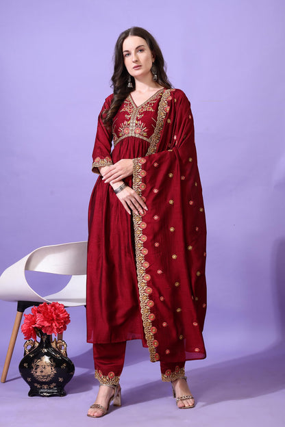Pratham Blue WomenS Silk Embroidered Anarkali Kurta Palazzos With Dupatta |Kurta Sets For Women |Women Kurta |Women Embroidered