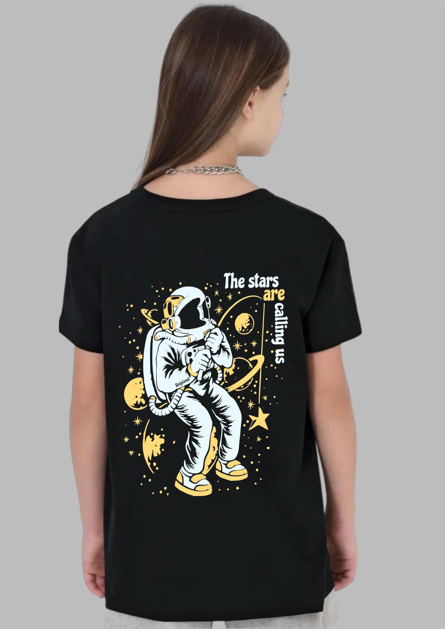 Uniplanet Store GirlS Cotton T Shirt With Round Neck Half Sleeves Graphic Printed Space Theme Regular Fit And Standard Length B