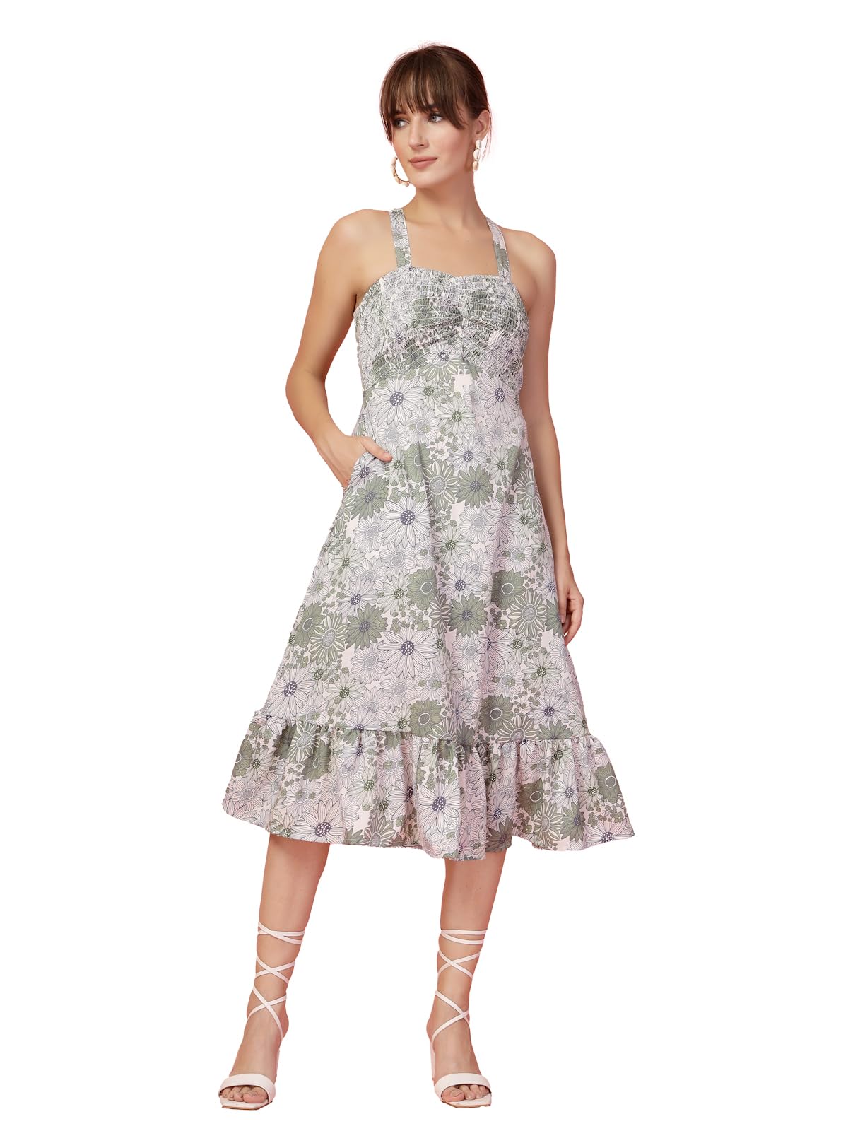 Oomph! WomenS Western & Fusion Wear Printed Crepe Dress For Women, Smocked Bodice, Green - Md1057