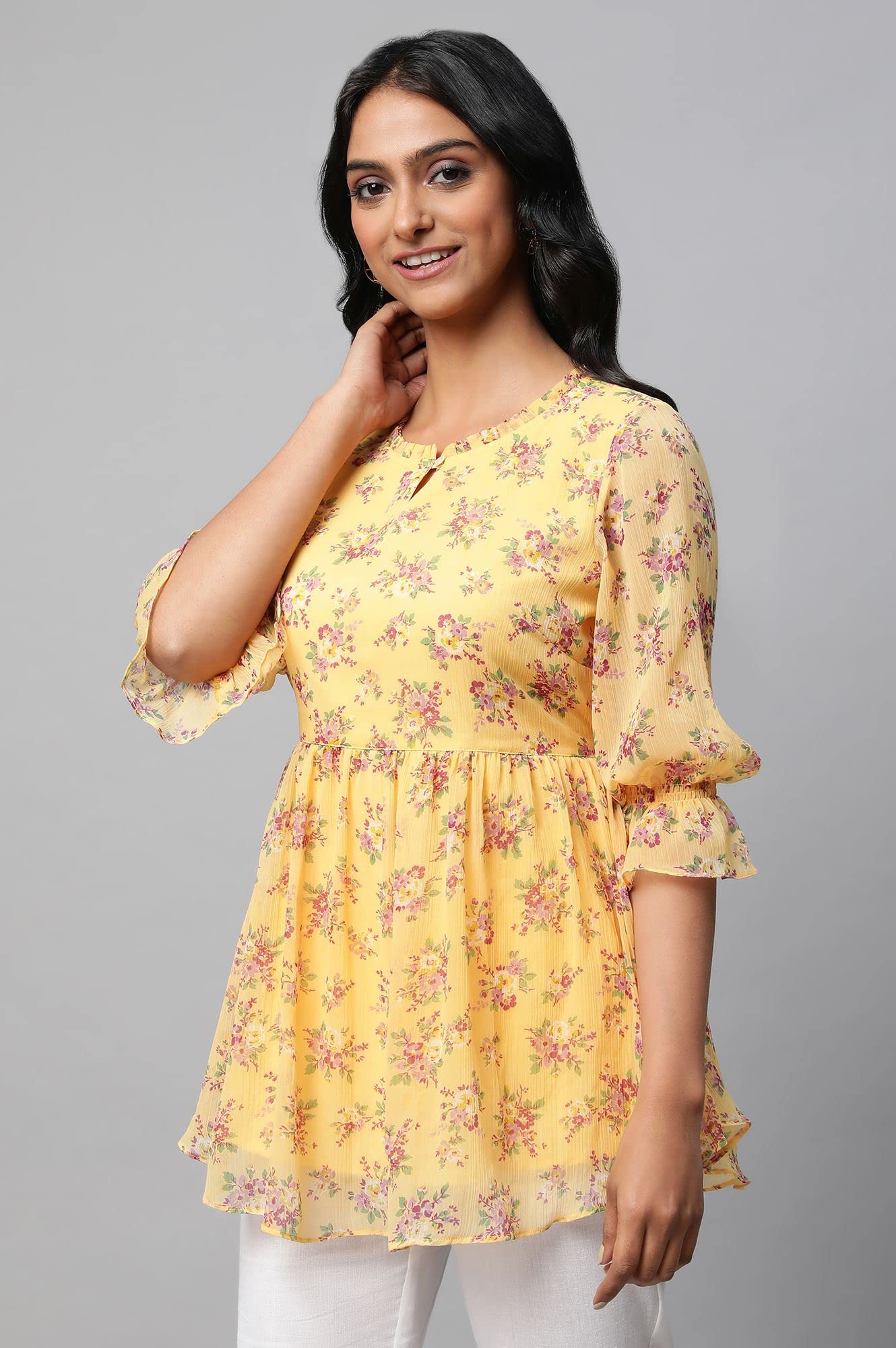 Yellow Floral Print Flared Short Chiffon Kurti