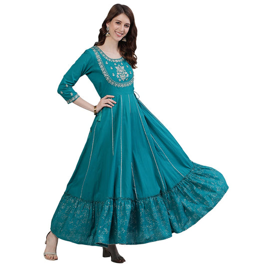 ishin Women's Cotton Anarkali Embellished Zari Embellished Print Teal Kurti