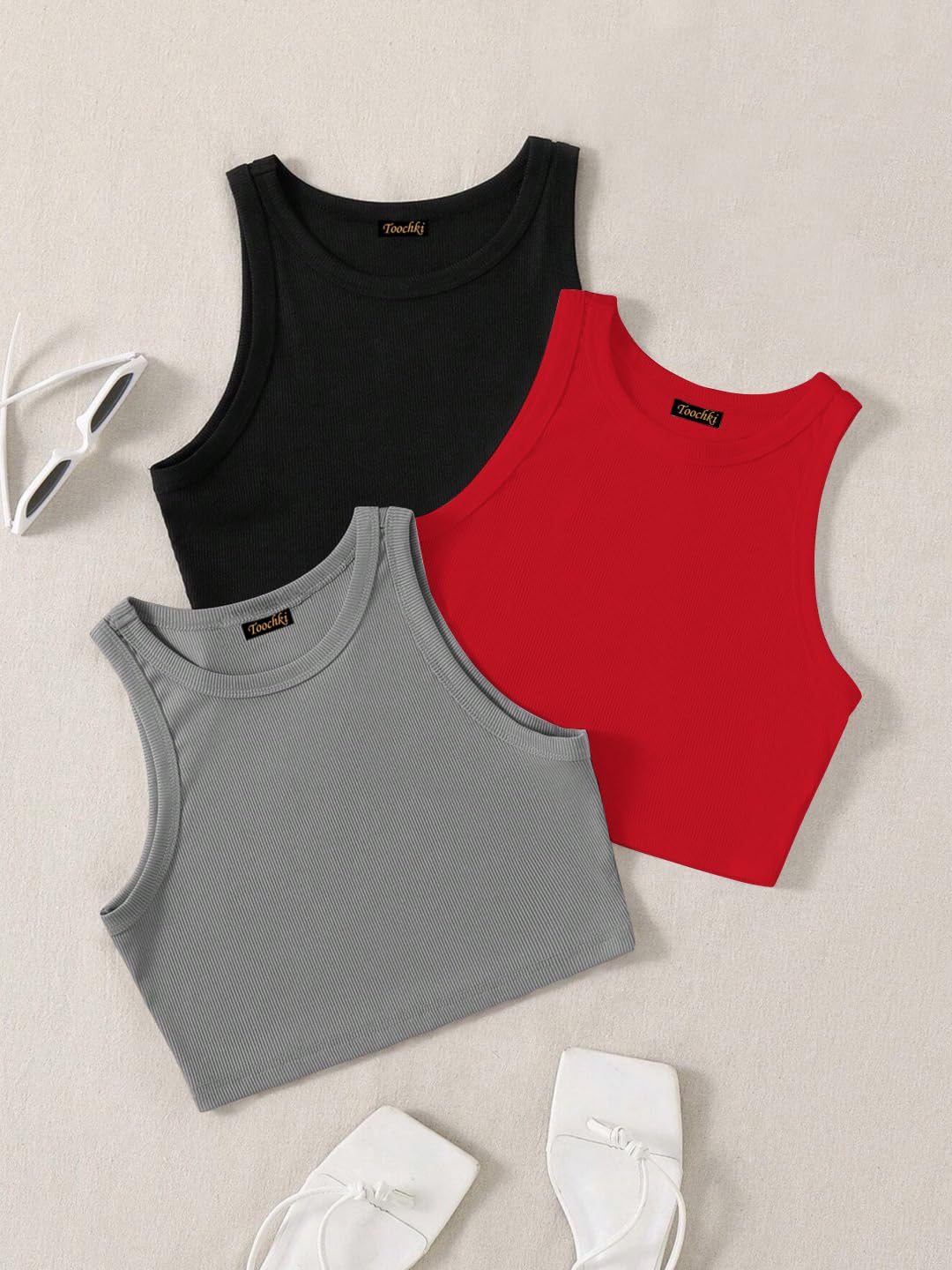Toochki Tops for Woman | Spandex Top | Crop | Short | Western | for Jeans | Sleeveless | Stretchable | Pack of Three | Black-RED