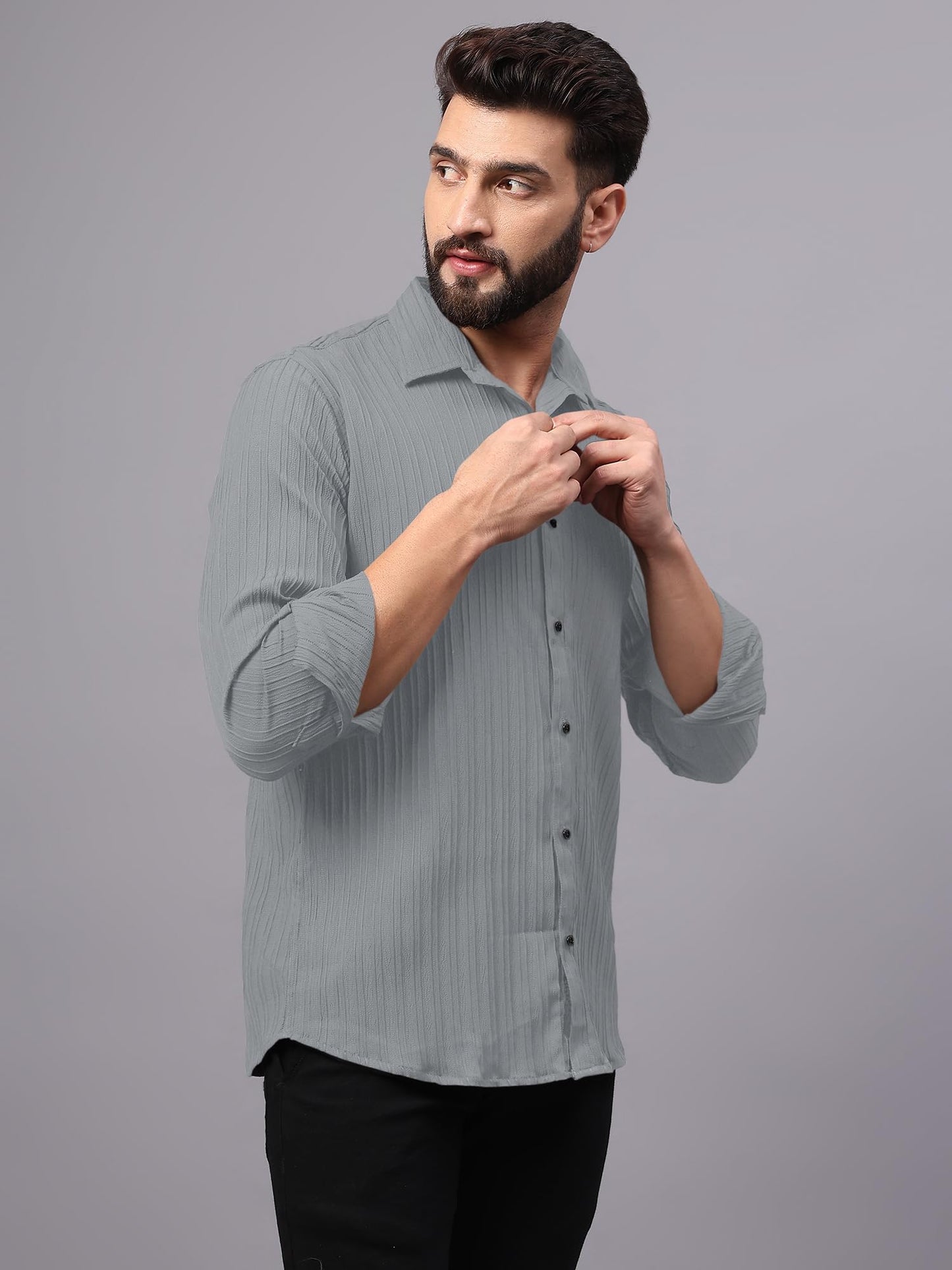 Finivo Fashion MenS Casual Button Down Shirts Long Sleeve Linen Shirt Fashion Textured Beach Summer Shirts Grey