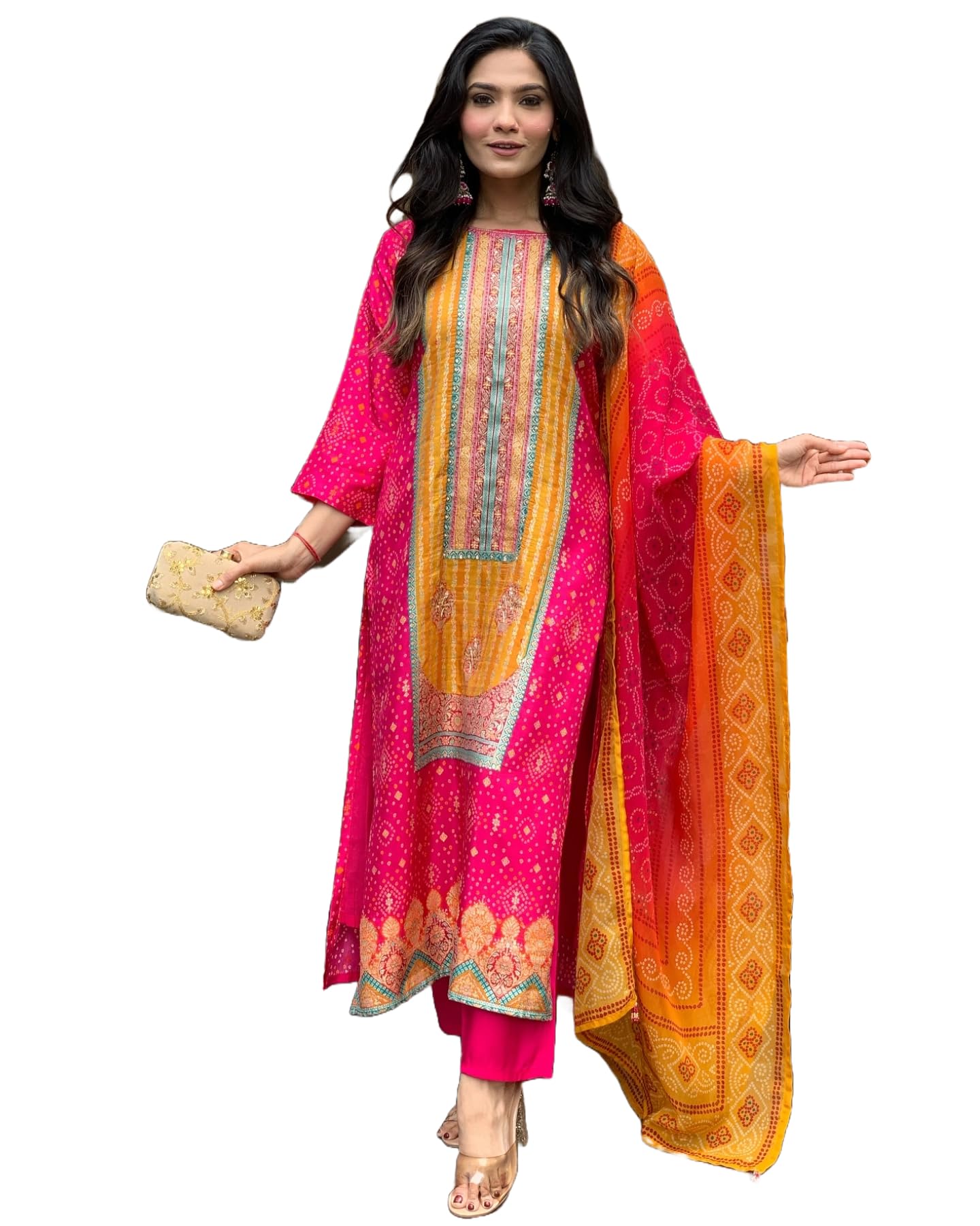 ANNI DESIGNER Womens Rayon Blend Printed Straight Kurta with Pant & Dupatta (Shubhangi Rani_L_Pink_Large)