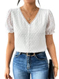 Shasmi Womens Elegant French Textured Fabric Solid White Color Lace Panel V-Neck Jacquard Blouse,Short Puff Sleeve Tops Simple