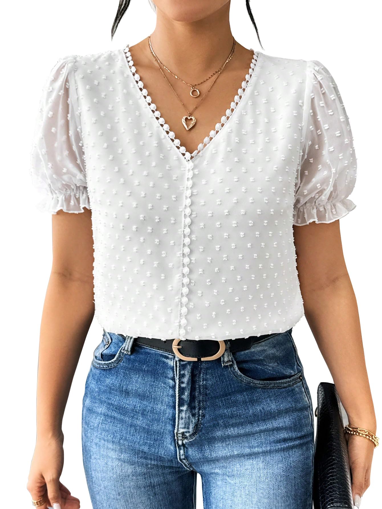 Shasmi Womens White Elegant French Textured Fabric Solid Black Color Lace Panel V-Neck Jacquard Blouse,Short Puff Sleeve Tops S