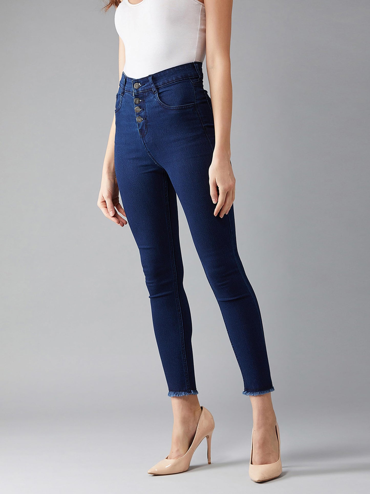 Dolce Crudo Womens Navy Blue Skinny High Rise Clean Look Solid Fringed Hemline Cropped Stretchable Denim Jeans(DOSS19DEN08-22-7