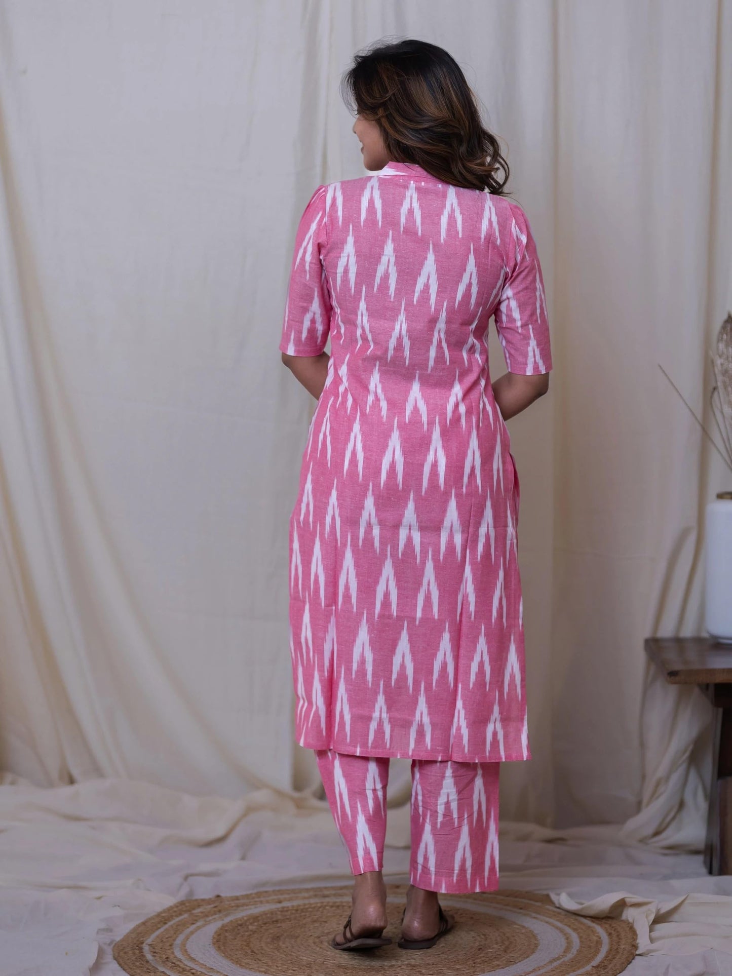 GoSriKi Ikkat Printed Viscose Rayon Kurta with Pants for Women, Large, Pink, Model: DEMETER PINK-VKS01-GS