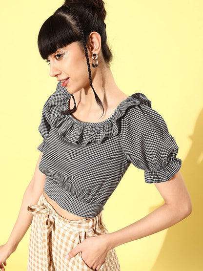 Rare Women Casual Black Colour Boat Neck Checked Regular Top