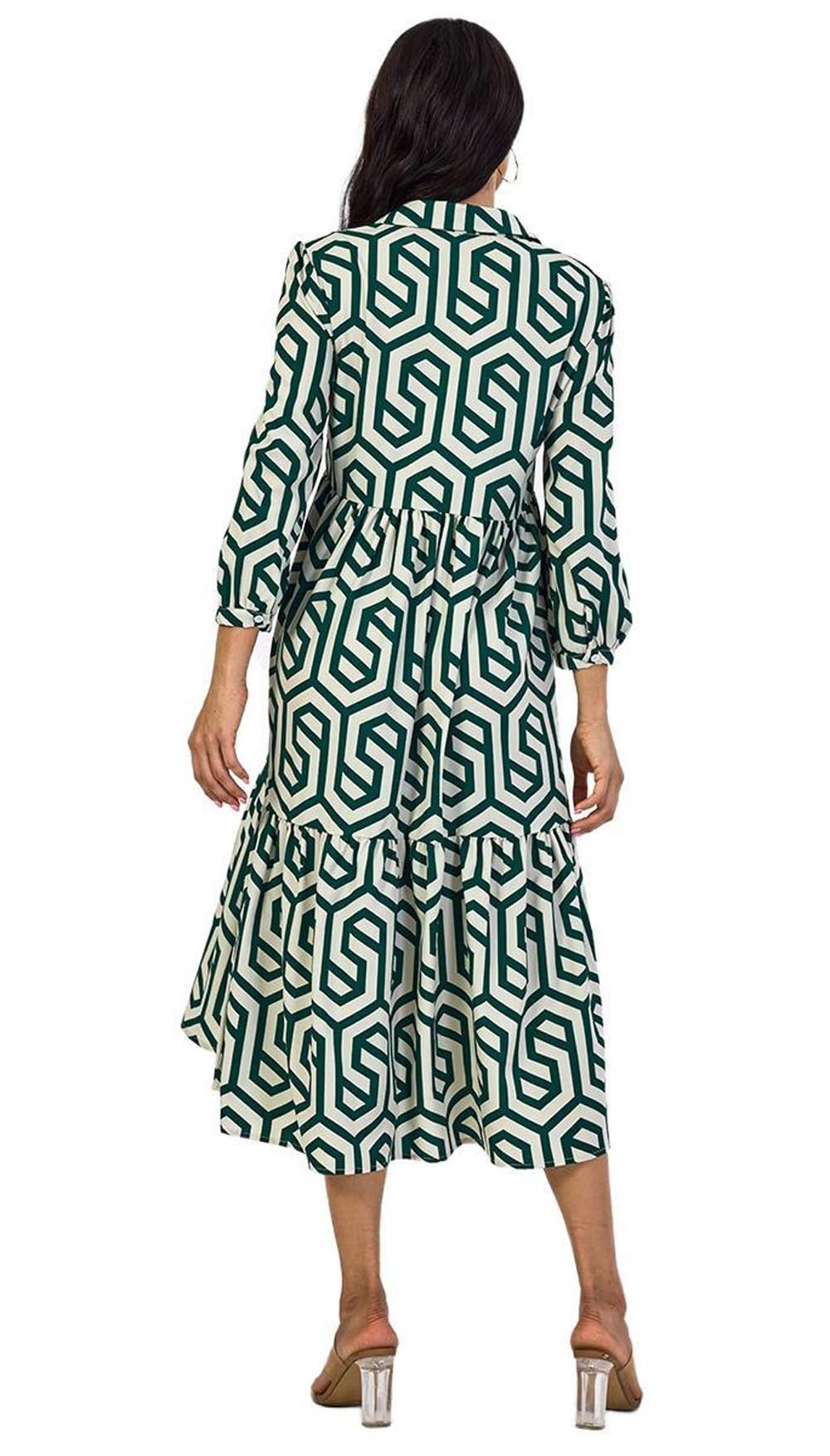 Shasmi Women & Girls Solid Green Geometric Print Collared Dress With Long Cuffed Sleeves, Panelled Hem And A Button-Up Front Gat