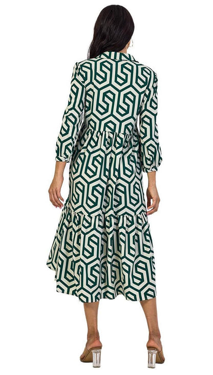 Shasmi Women & Girls Solid Green Geometric Print Collared Dress With Long Cuffed Sleeves, Panelled Hem And A Button-Up Front Gat