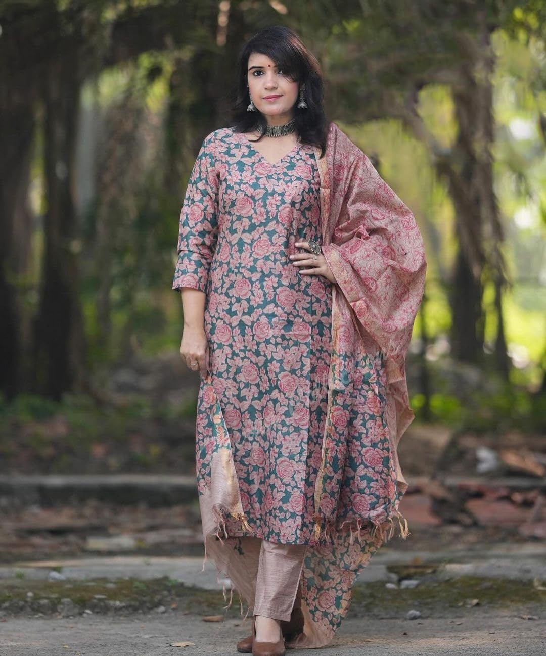GoSriKi Women's Kurta Set with Trousers & Dupatta, Moringa Green, XXL