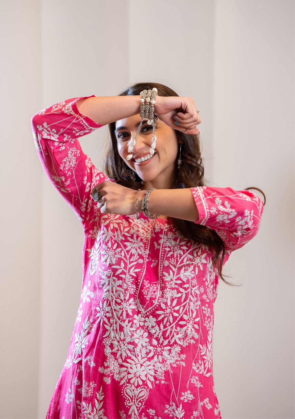 GoSriKi Ladies Cotton Blend Chikankari Kurta Set, Pink, Size 44, Model ZAINAB