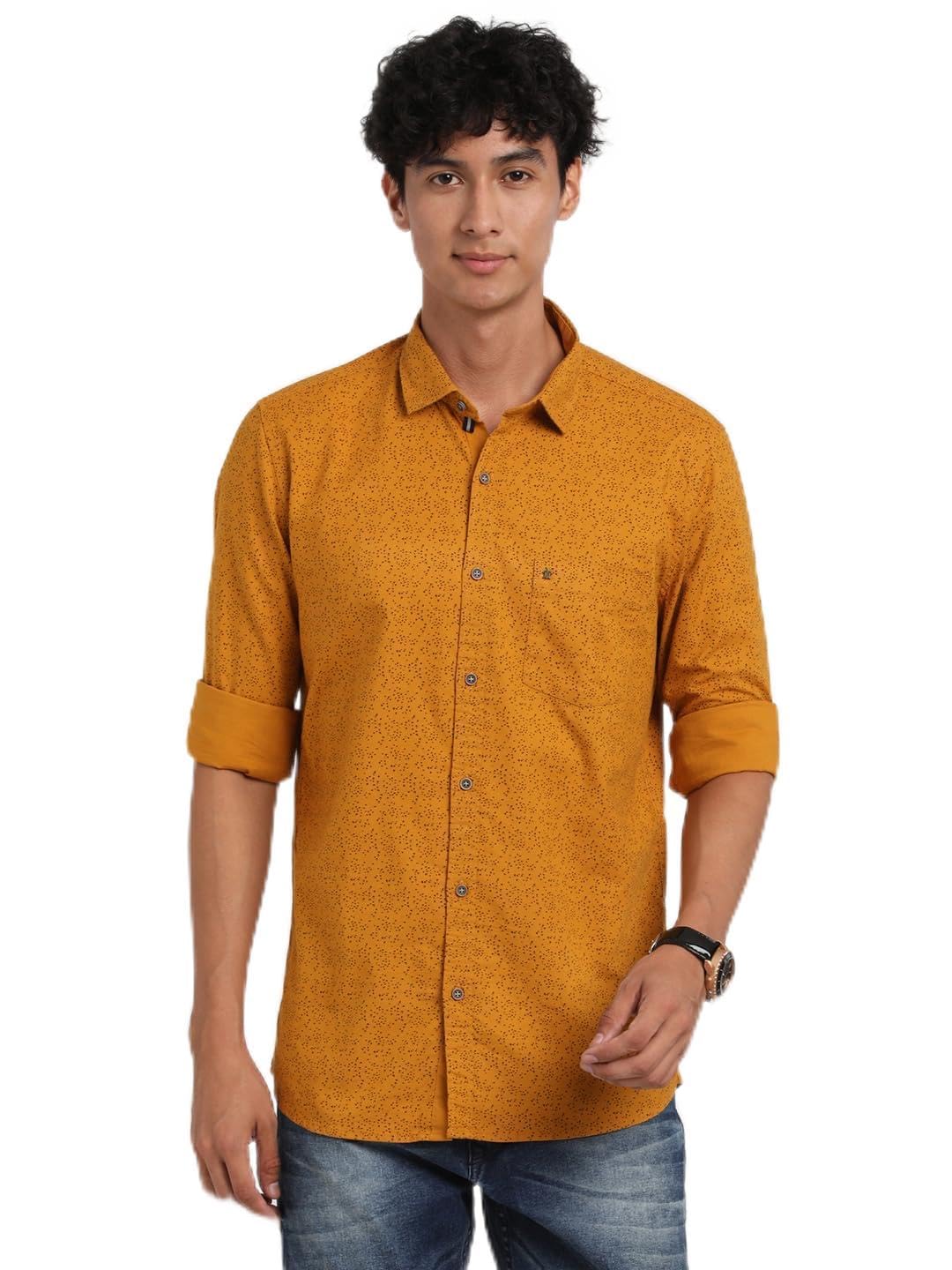 Turtle Men 100% Cotton Slim Fit Mustard Printed Casual Shirt