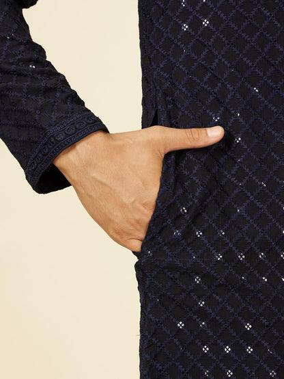 Manyavar Dark Blue Viscose Embroidery|Sequin Work Kurta Pyjama Set For Men