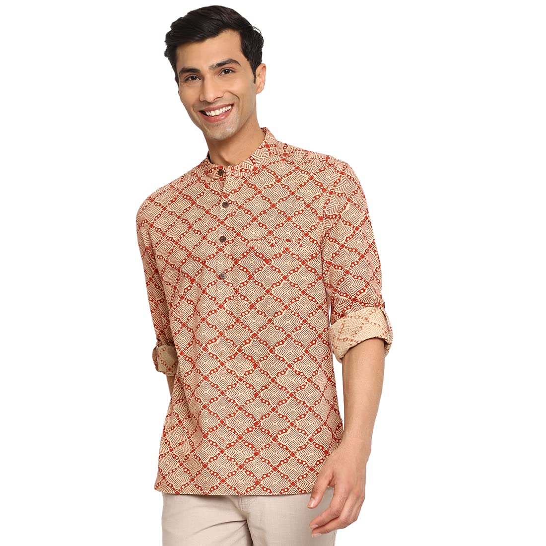 Fabindia MenS Cotton Printed Slim Fit Shirt (102970301_Rust