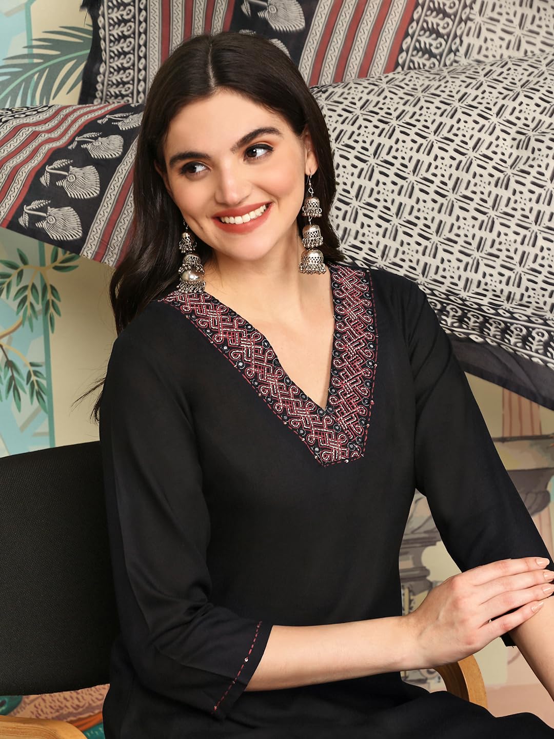 Ishin V-Neck Yoke Design Regular Mirror Work A-Line Kurta With Palazzos & Dupatta | Kurta Set For Women | Kurta With Trousers An
