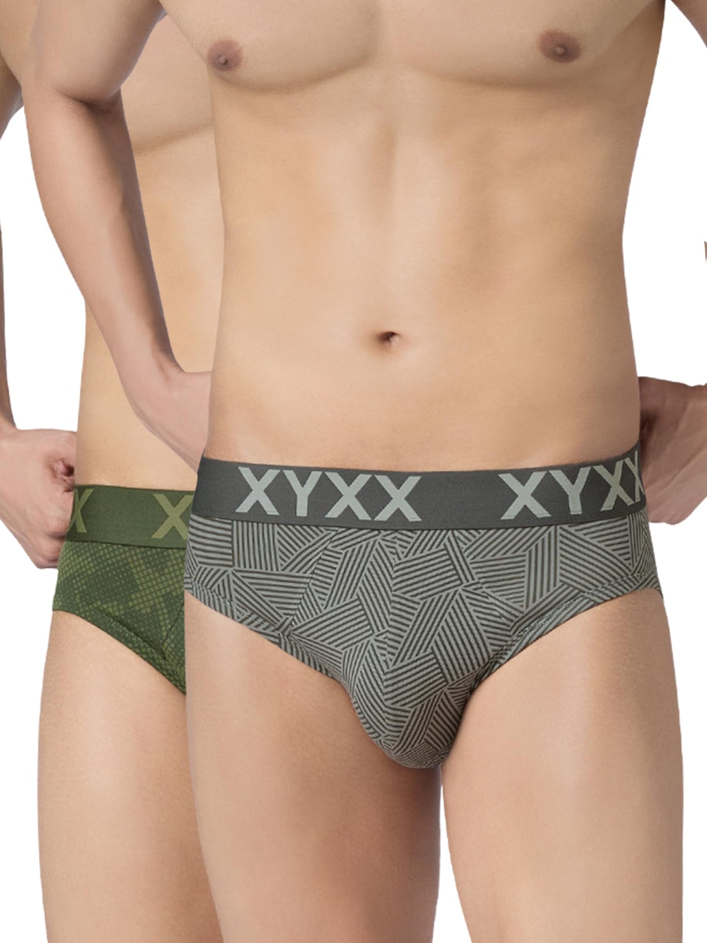XYXX Mens Blend Geometric (Pack of 2) Cotton Modal Matrix Brief_2_Linear Grey+Olive Drift