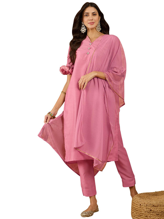 ZIYAA Art Silk Women's Pink Chinon Kurta,Pant Set with Dupatta