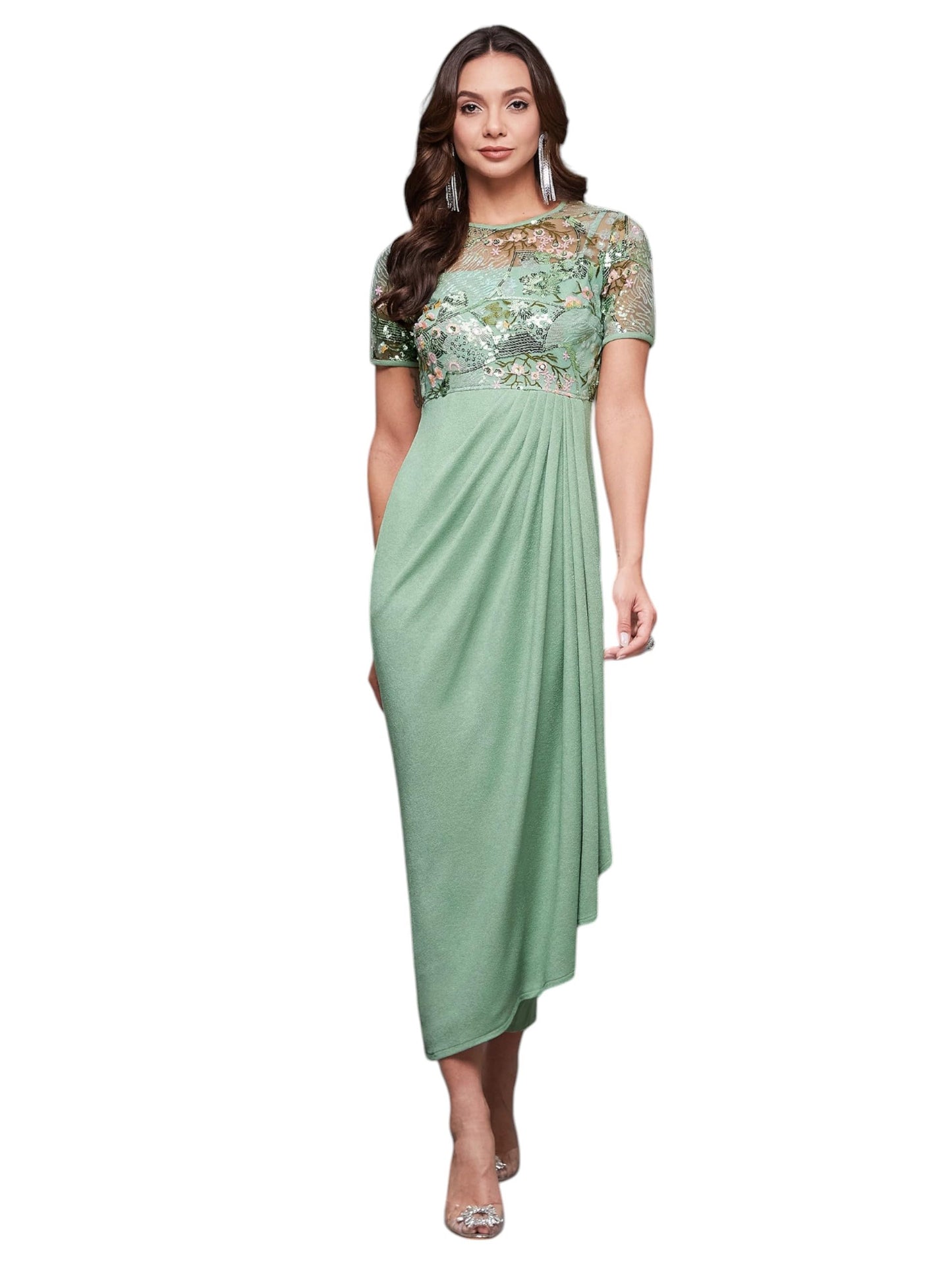Miss Chase Womens Mint Round-Neck Half-Sleeve Polyester Midi Dress,(MCSS24D13-90-79-05, Mint, L)