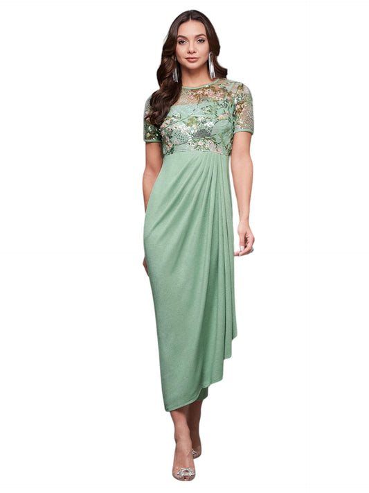 Miss Chase Womens Mint Round-Neck Half-Sleeve Polyester Midi Dress,(MCSS24D13-90-79-05, Mint, L)
