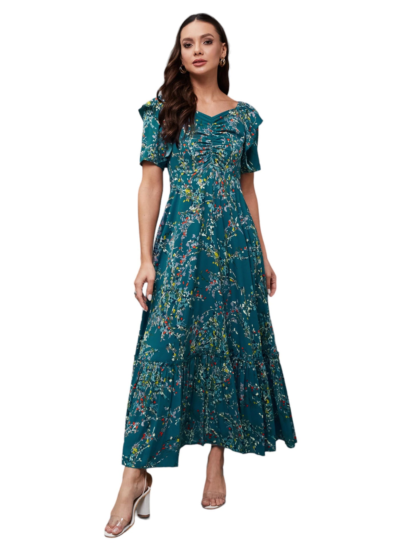 Miss Chase WomenS Sweet-Heart Neck Half Sleeve Floral Crepe Midi Dress With Pockets (Mcss24D16-53-176-02, Multicolored-Base-Tur