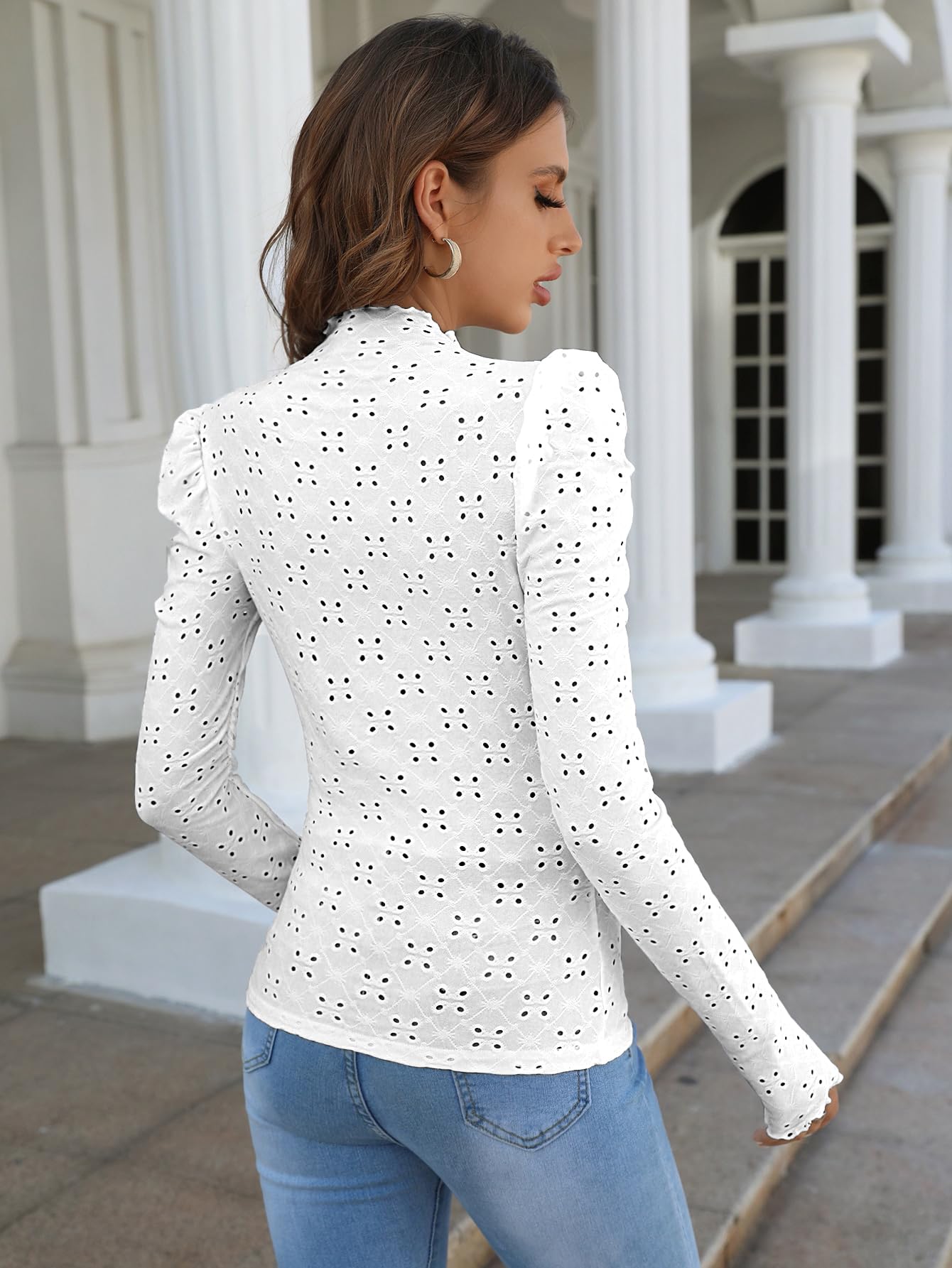 Sugathari Girls & Womens White Spring/Summer Slim Fit High Neck T-Shirt with Stand Collar, Cap Sleeves and Eyelet Embroidery F