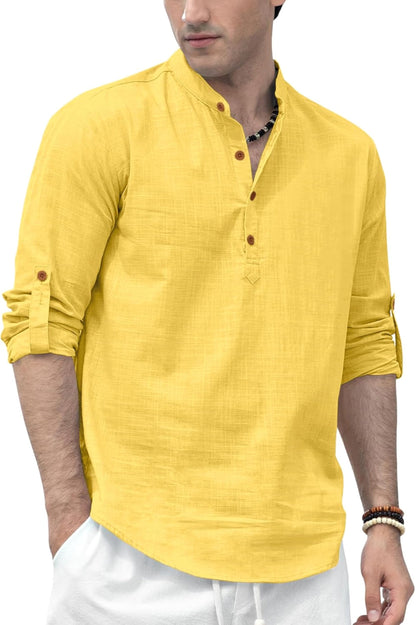 Zombom MenS Solid Cotton Blend Straight Kurta Shirt, Regular Fit Full Sleeve Short Kurta Shirt Yellow