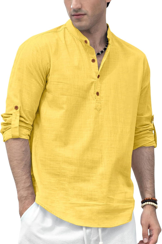Zombom MenS Solid Cotton Blend Straight Kurta Shirt, Regular Fit Full Sleeve Short Kurta Shirt Yellow