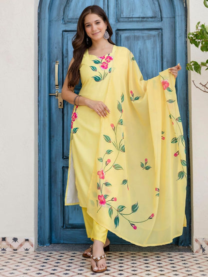 Naixa WomenS Yellow French Crepe Printed Straight Kurta With Crepe Pant And Georgette Printed Dupatta Sets (Nx-S-Kaveri-Yellow-