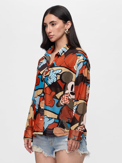The Souled Store Mesh Shirt : Mickey Mouse Abstract Women and Girls Long Sleeve Collared Neck Button Down Multicolor All Over Pr