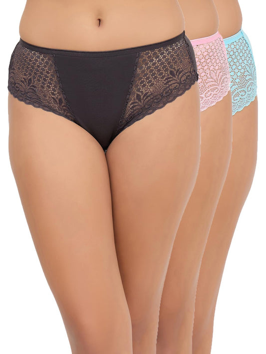 Clovia Womens Cotton Pack of 3 Mid Waist Hipster Panty with Lace Wings (PNC531931_Multi_S) Multicolour