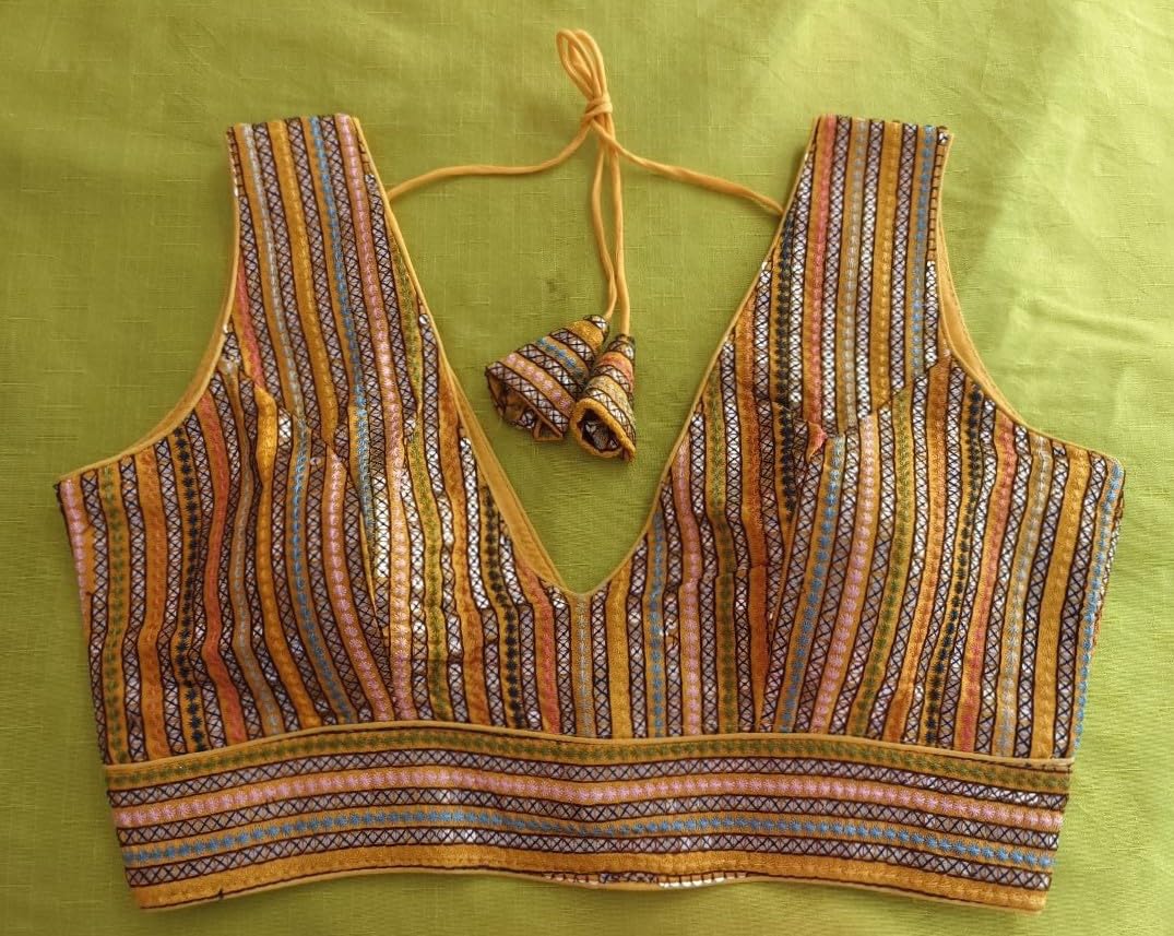 Vihu Fashion Womens Sleeveless Readymade sabyasachi Pattern V Neck Blouse Embroidery Work with Sequence Blouse Indian Ethnic we