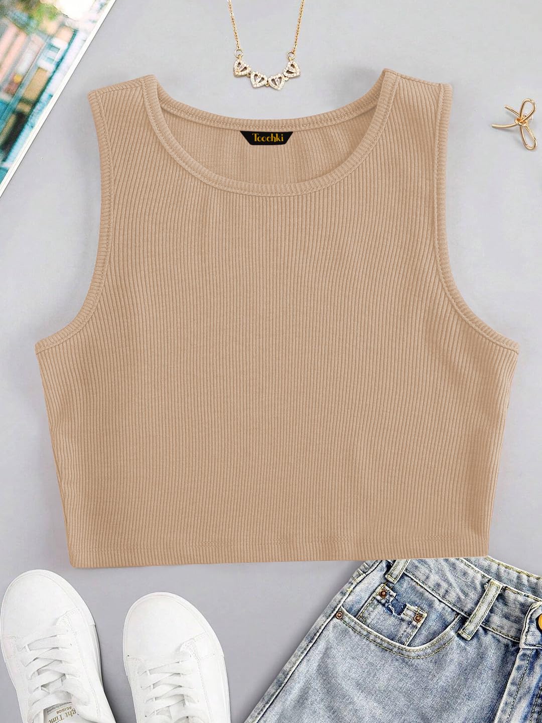 Toochki Tops for Woman | Spandex Top | Crop | Short | Western | for Jeans | Sleeveless | Stretchable | Beige