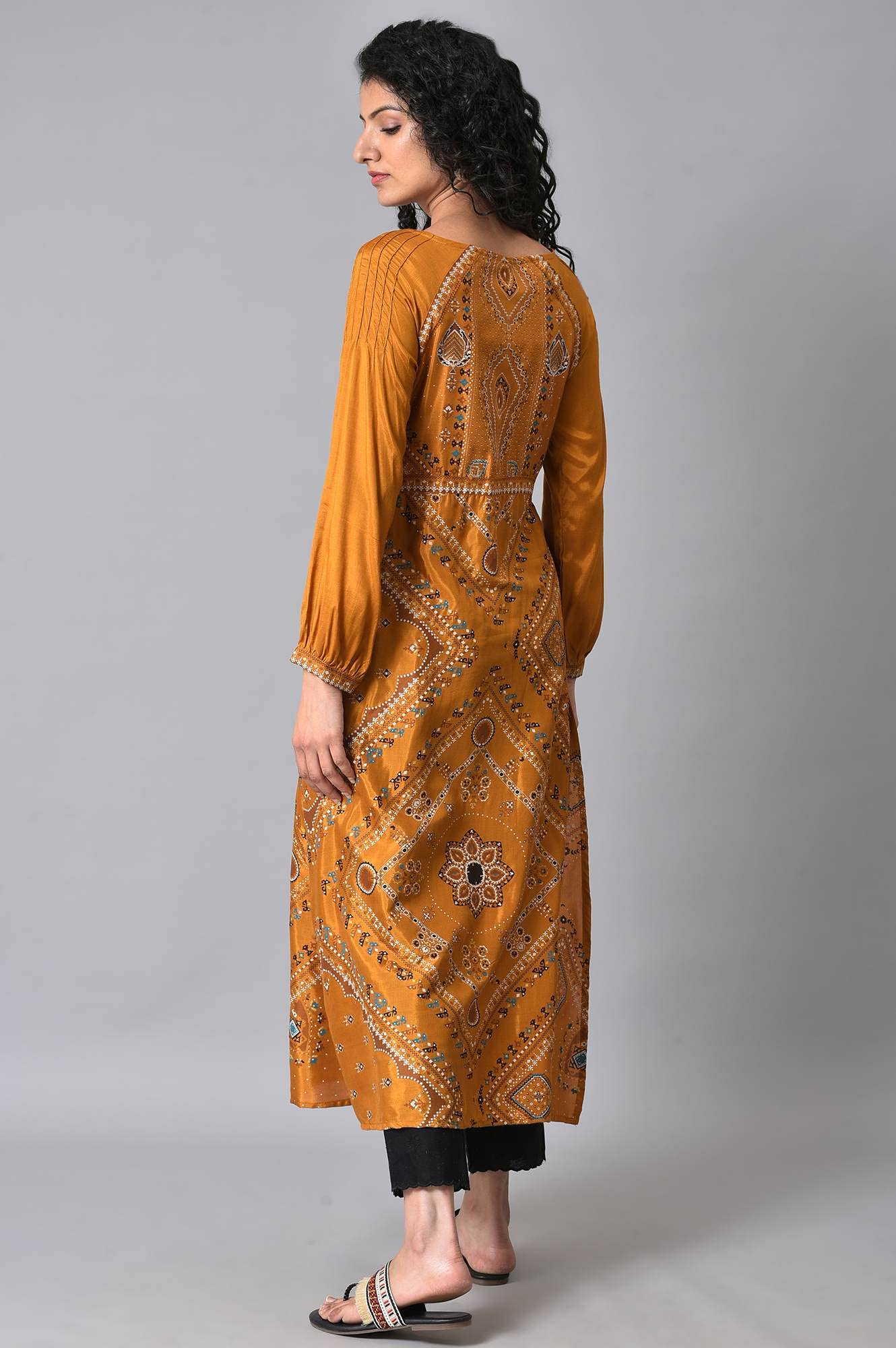 W For Woman Dark Yellow Ethnic Motif Long Kurta With Coins