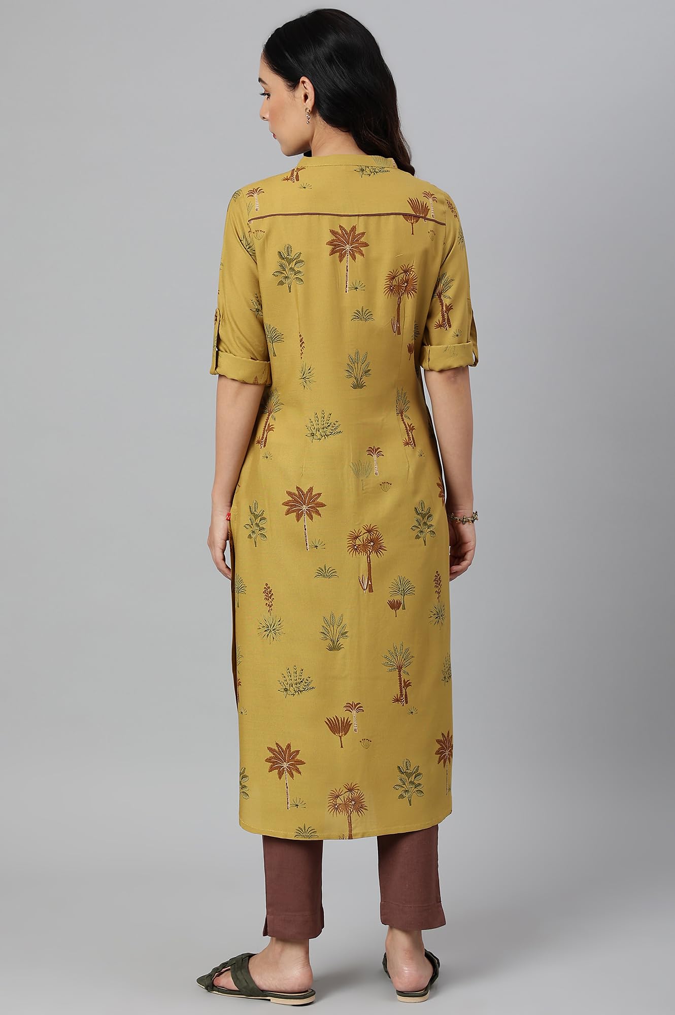 W For Woman Mustard Rayon Printed Button Down Kurta