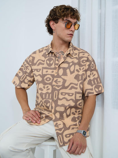 The Souled Store Oversized Shirt: Marine Men and Boys Short Sleeves Collared Neck Button Front Brown All Over Printed Cotton Ove