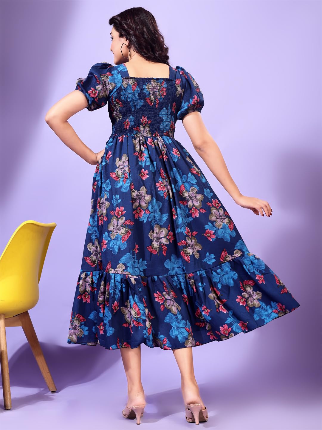 Kuduzo WomenS Cotton Blend Ruffle Midi Dress With Floral Print Short Sleeves Knee Length Regular Fit And Square Neck Blue