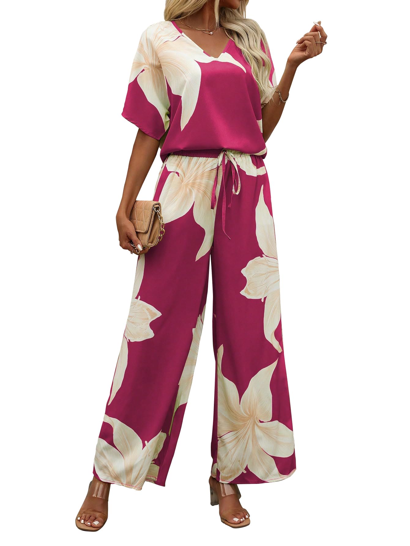 Shasmi Womens Casual Elegant Pink Floral Printed Batwing V-Neck Blouse, Sleeve Shirt, Wide Long Pants for Ladies 2pcs/Set, Spri