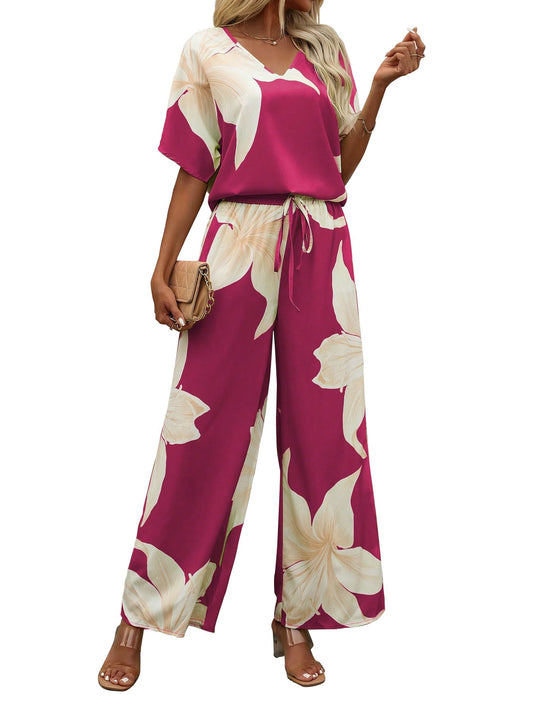 Shasmi Womens Casual Elegant Pink Floral Printed Batwing V-Neck Blouse, Sleeve Shirt, Wide Long Pants for Ladies 2pcs/Set, Spri