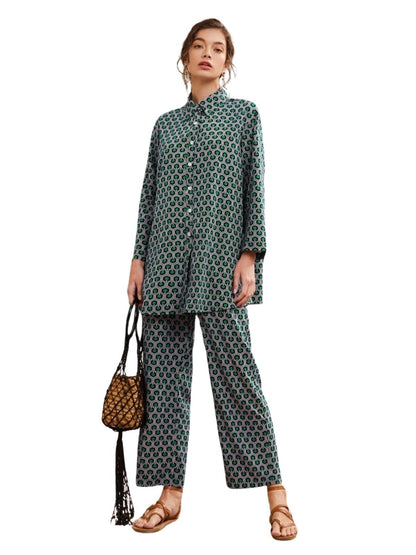 Greciilooks Women Co Ord Set| Geo Print Button Front With Wide Leg Pants| Long Sleeve Shirt| Straight Geo Printed Pant| Women Tw