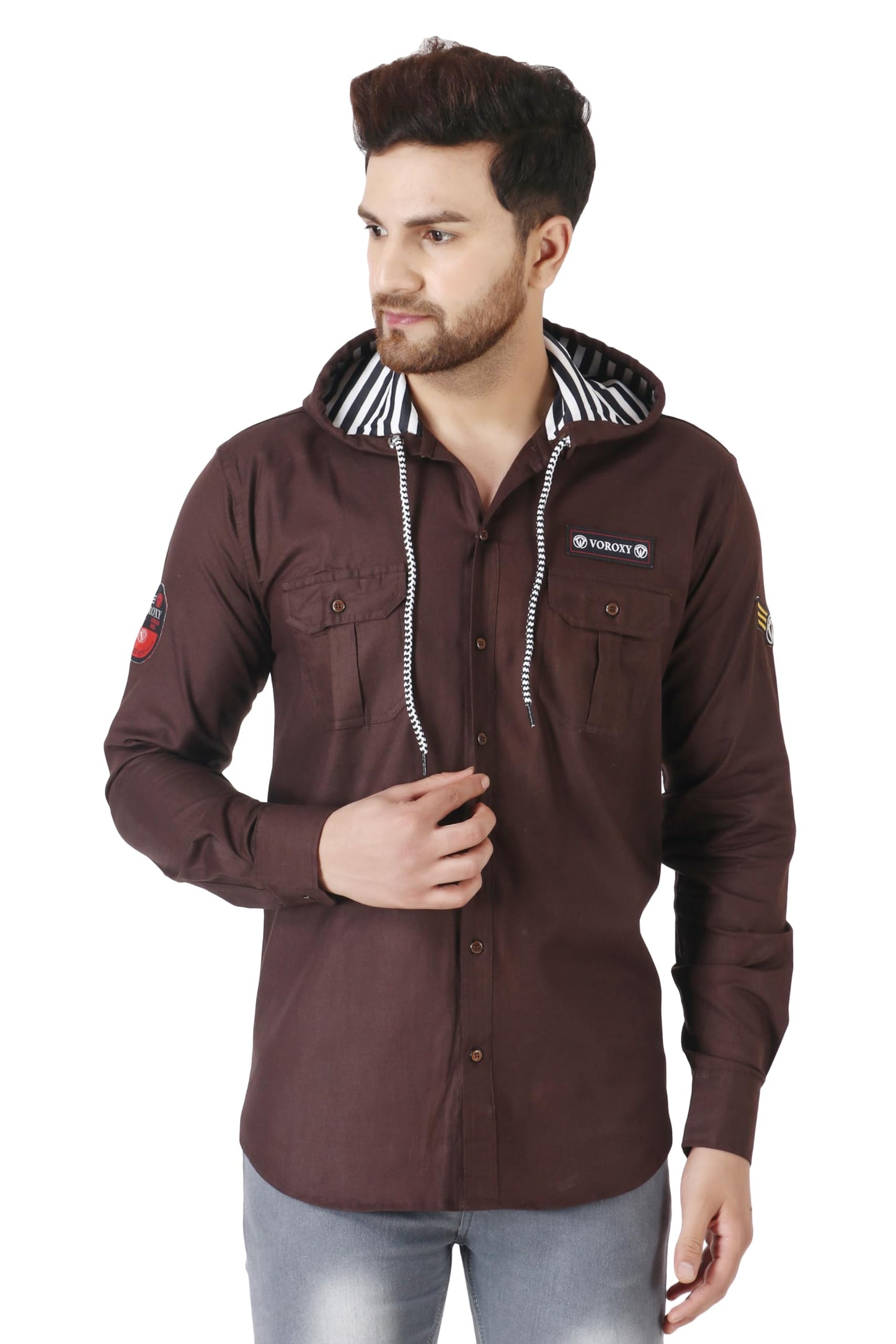 Besix MenS Brown Tailored Fit Cotton Blend Shirt For Man With Hoodie - Casual Long Sleeve Shirt With Pockets - Patch Detail For