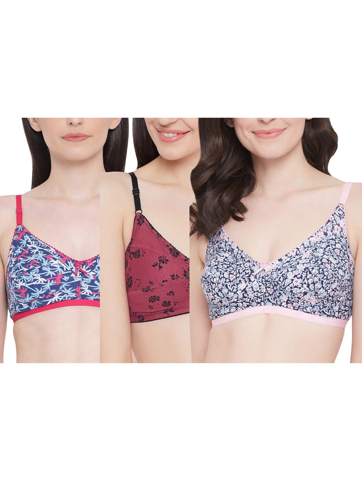 Clovia Womens Pack of 3 Cotton Non-Padded Non-Wired T-Shirt Bra (COMBRC724_Multicolored_34C) (Print and Color May Vary)