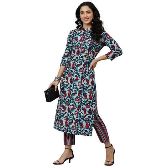 ANNI DESIGNER Women's Cotton Blend Printed Straight Kurta with Pant (Milan)