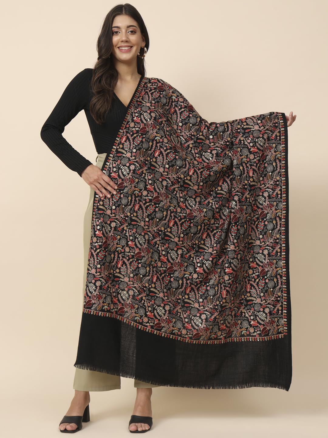 Pashmoda Women Gilkaari Pure Wool Embroidered Shawl (Size 101X203 CM)
