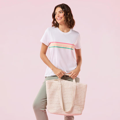 Enamor Womens Striped Relaxed Fit T-Shirt (E3S5_BRT White/Pool Blue Strips