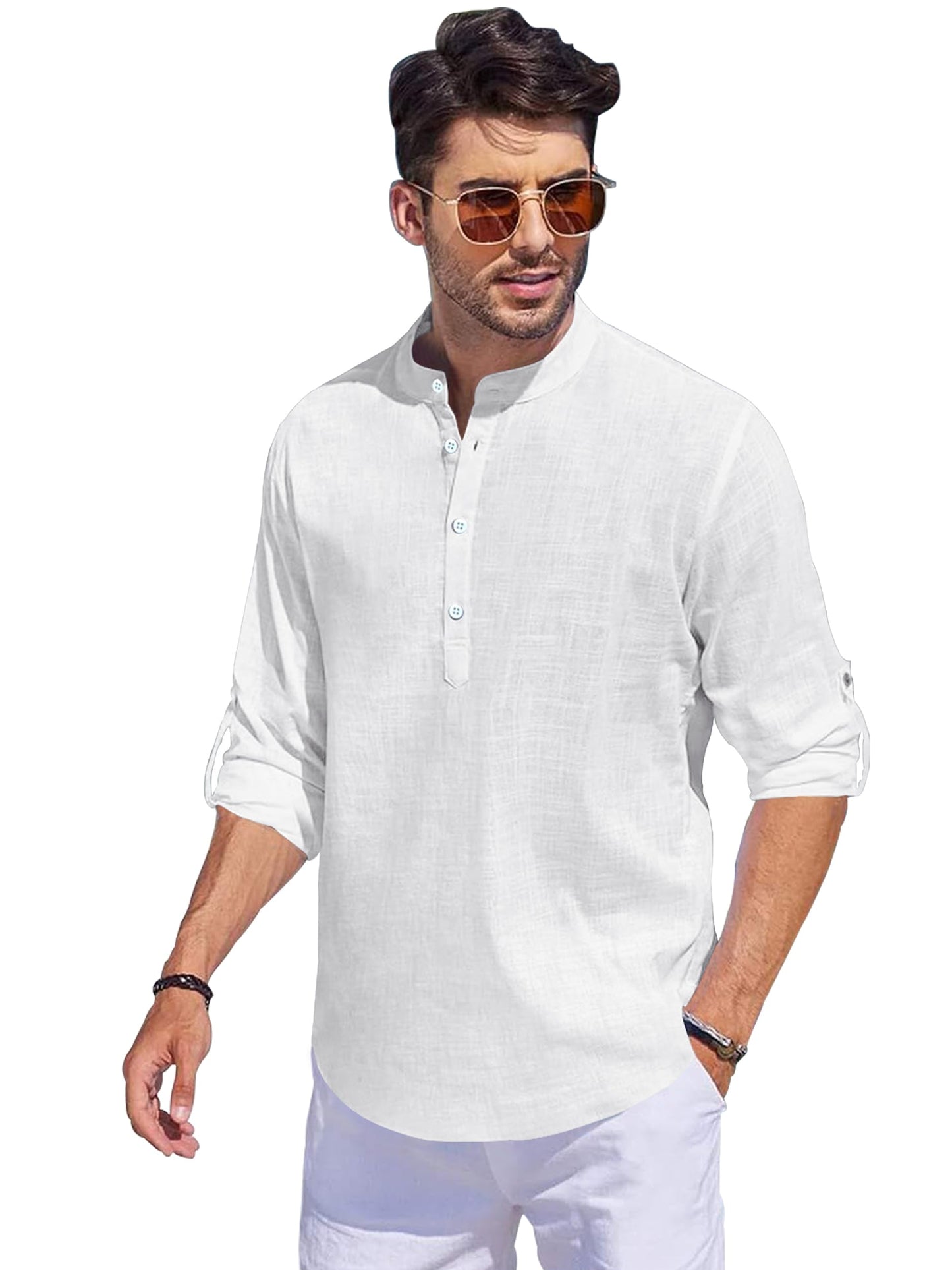 Noble Monk Men Full Sleeve Solid Casual Regular Fit Mandarin/Chinese Collor Short Kurta For Men White