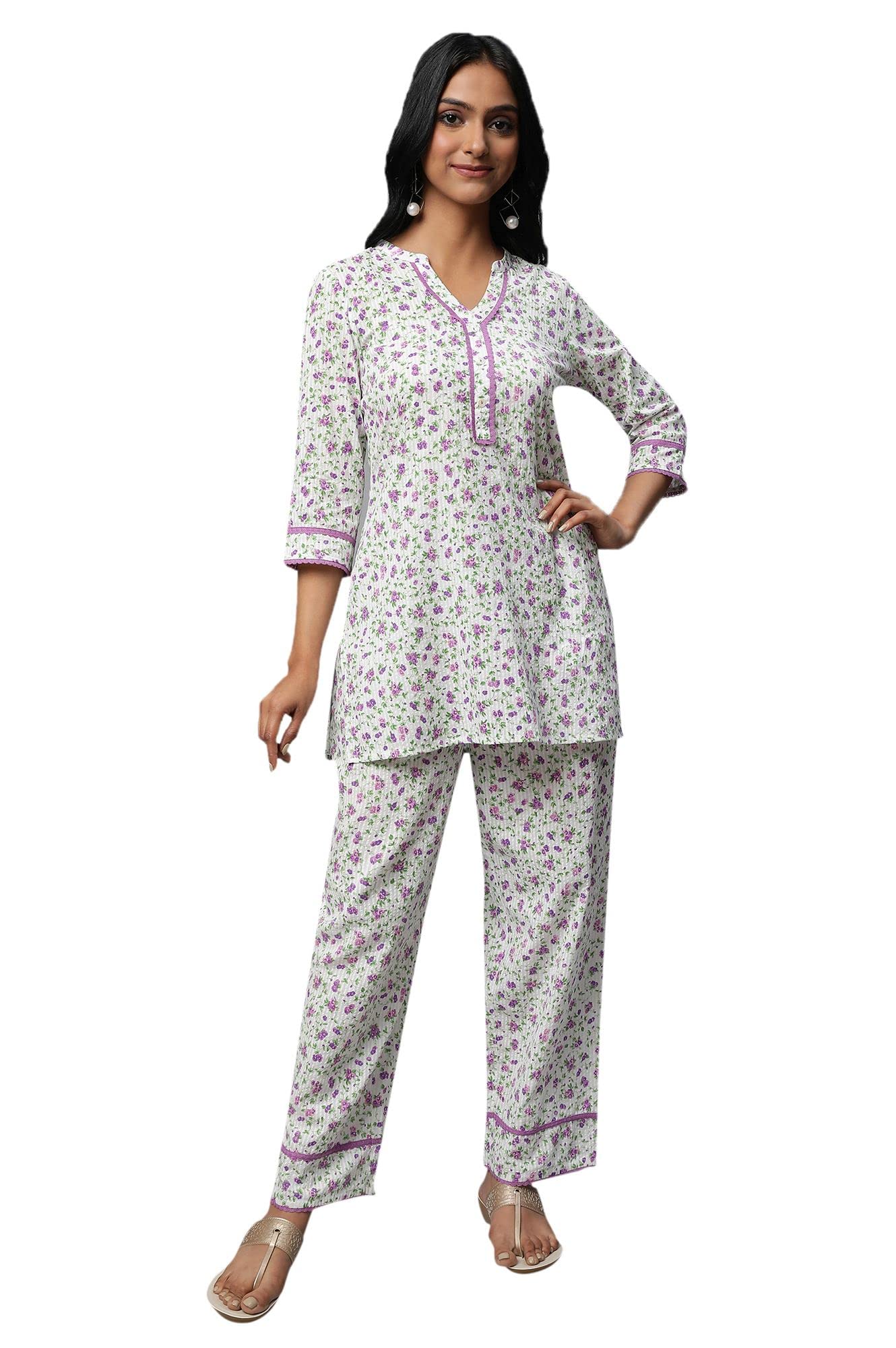 Aurelia Women Seer Sucker Floral Printed White Kurti And Palazzo Set| Straight Above Knee Length Kurti With Straight Elasticated